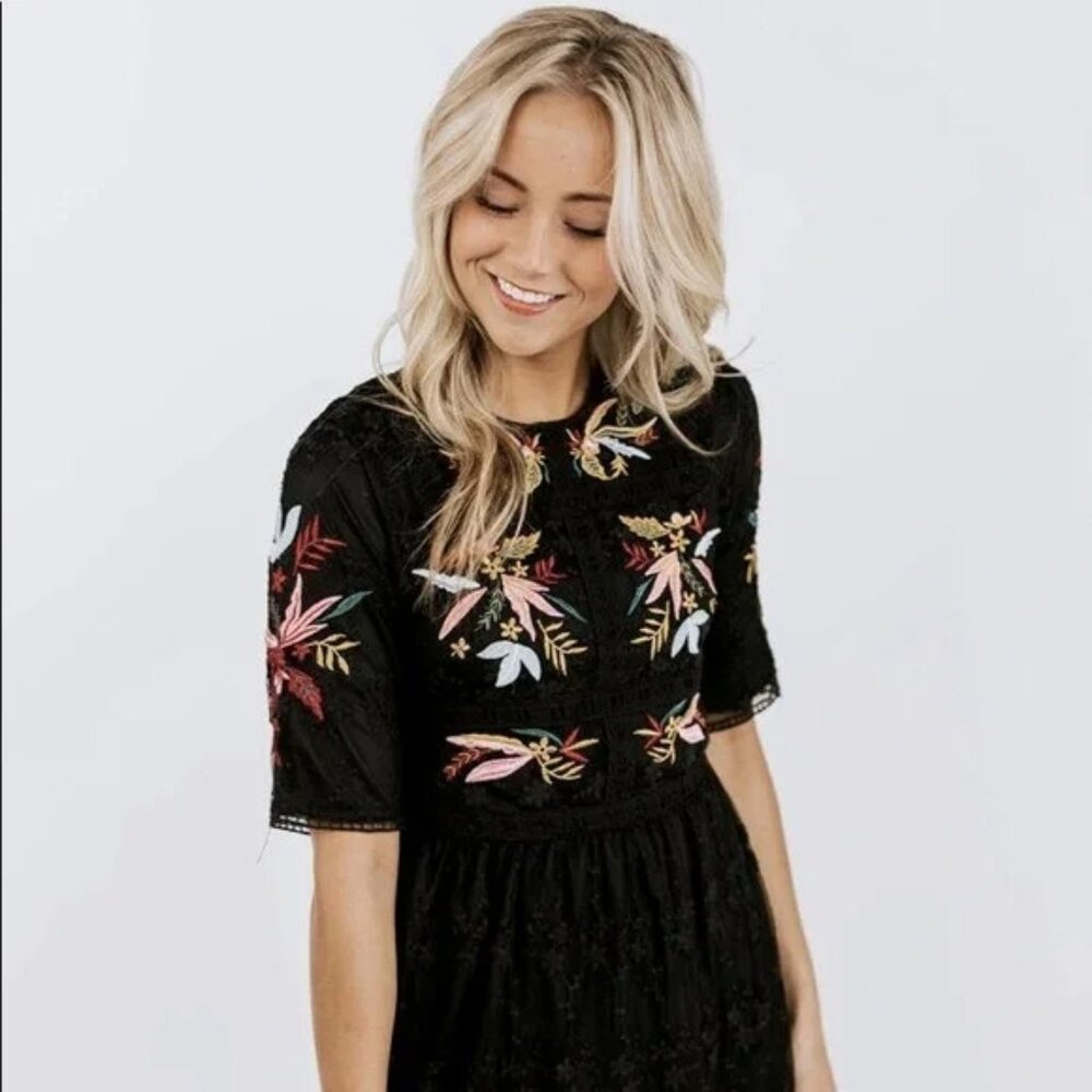 Roolee Naomi Black Embroidered Midi Dress